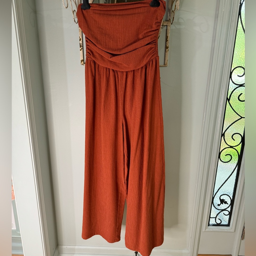 Cider Textured Strapless Rusty Brown Wide Leg Rushed Jumpsuit Romper Medium EUC